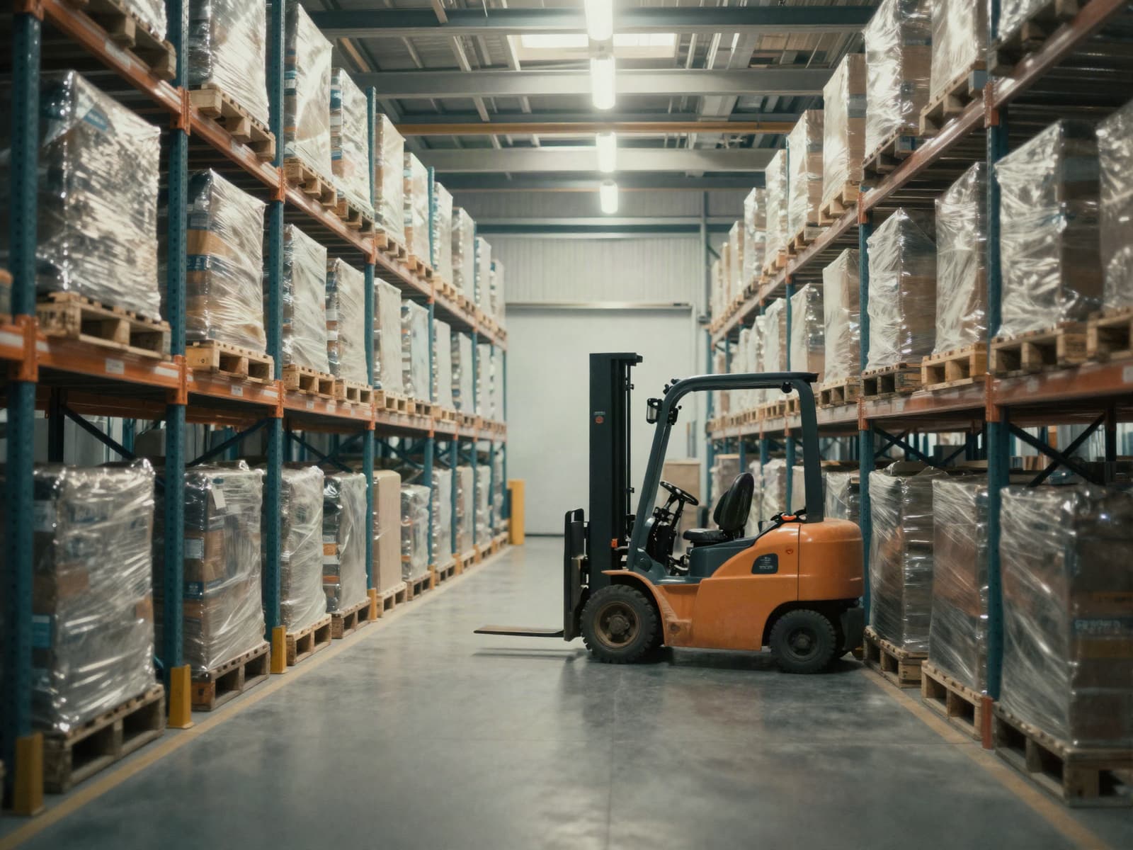 Interior de un almacén moderno con estanterías de palés